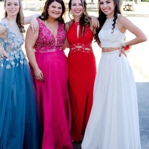 Red sparkly open back prom dress